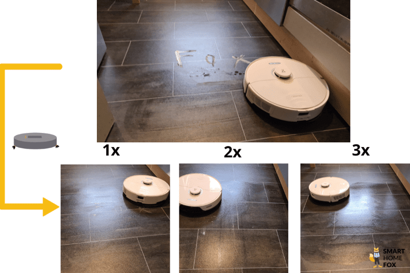 Das Wischergebnis des Roborock S8 Pro Ultra auf dem PVC-Boden wird klar dargestellt.